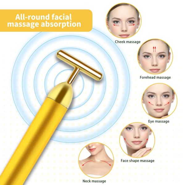 Aubric Face Massager Electric Beauty Bar 24k Golden Facial Massage Tool, T-Shape Electric Vibrating Wand Face Neck Skin Firming Lifting Tighting Wrinkles Reducing Body Treatment Anti Aging Device - Image 4