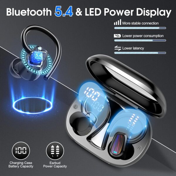 OYIB Wireless Earbuds Bluetooth 5.4 Headphones Sport, Stereo Deep Bass Bluetooth Earbuds with Earhooks, 50H Over Ear Bud with ENC Mic, IP7 Waterproof Wireless Earphone for Workout/Running, Deep Black - Image 4