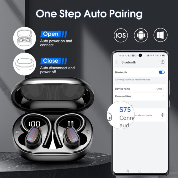 OYIB Wireless Earbuds Bluetooth 5.4 Headphones Sport, Stereo Deep Bass Bluetooth Earbuds with Earhooks, 50H Over Ear Bud with ENC Mic, IP7 Waterproof Wireless Earphone for Workout/Running, Deep Black - Image 5