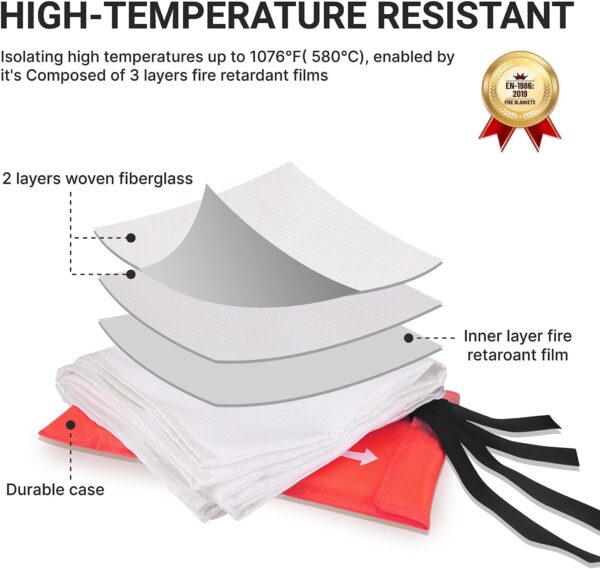 2025 Emergency Fire Blanket, Fire Extinguisher Blanket, Fire Suppression Blanket, Flame Retardant Blanket Fire Safety Blanket for Home, Kitchen, School, Grill, Car, Office, Warehouse(40” x40”) - Image 3