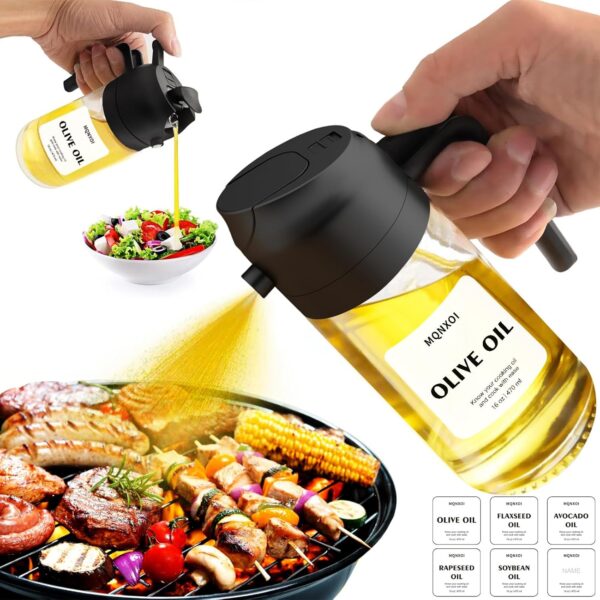 2 in 1 Glass Oil Sprayer & Dispenser,16oz/470ml Olive Cooking, Air Fryer, and Salad, for Kitchen Gadgets and Air Fryer Accessories, w/Stickers (Black) - Image 9