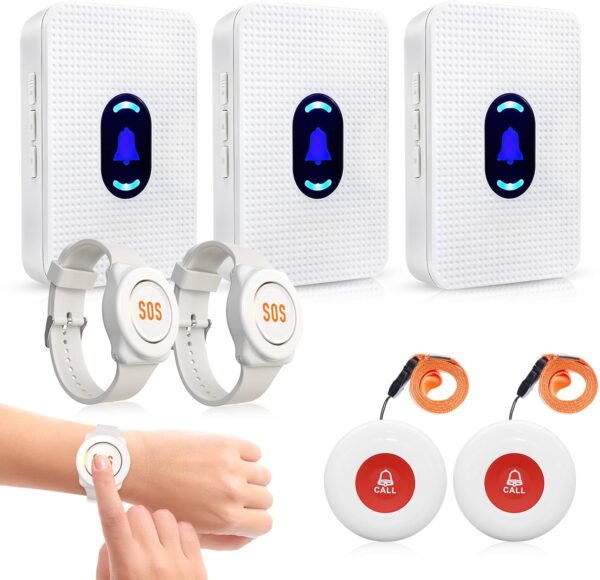 Daytech Wireless Caregiver Pager Call Button Elderly Nurse Alert System for Elderly Monitoring/Seniors with 2 SOS Call Panic Buttons & 2 Watch Pagers, 500+Feet 3 Receivers