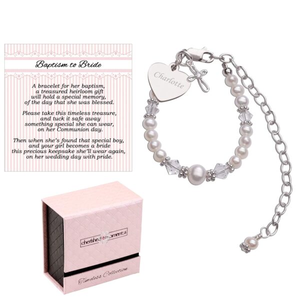 Cherished Moments Personalized Baptism to Bride Cross Bracelet Gift for Girls with Engraved Heart in Sterling Silver and Cultured Pearl