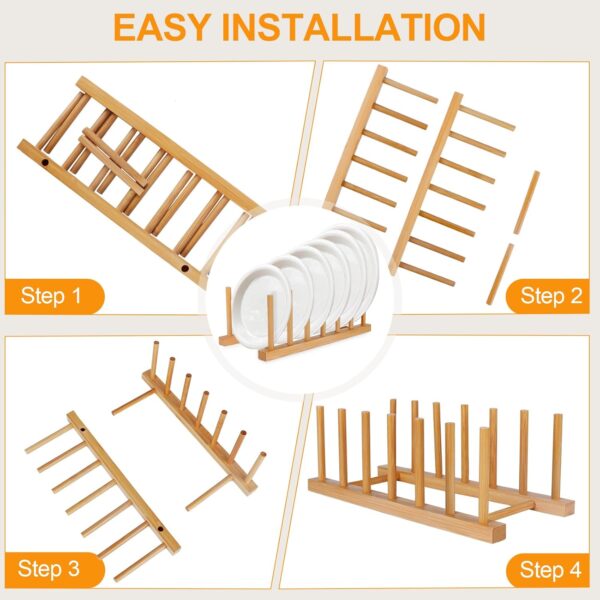 Bamboo Wooden Dish Racks Plate Stand Holder Vertical Drainer Kitchen Cabinet Organizer for Dish, Pots, Lids, Bowls, Cups, and Cutting Boards and Books(2 Packs) - Image 3