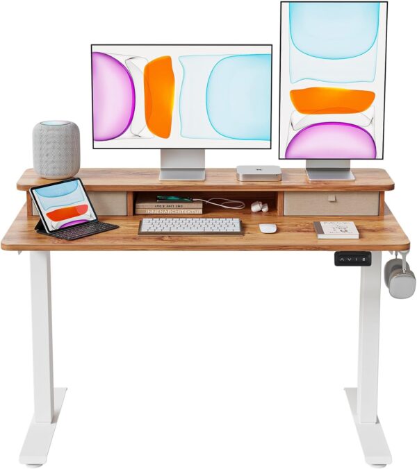 BANTI 48x24 Inch Electric Standing Desk with Double Drawers, Adjustable Height Stand Up Desk, Sit Stand Home Office Desk with Storage Shelf, Light Wood Top