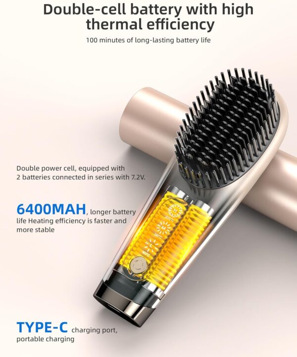 Portable Hot Brush Hair Straightener, 6400mAh USB Rechargeable Mini Hair Straightening Brush for Traveling, Cordless Hair Comb High Level Negative Ions, Intelligent Thermal Sensor - Image 5