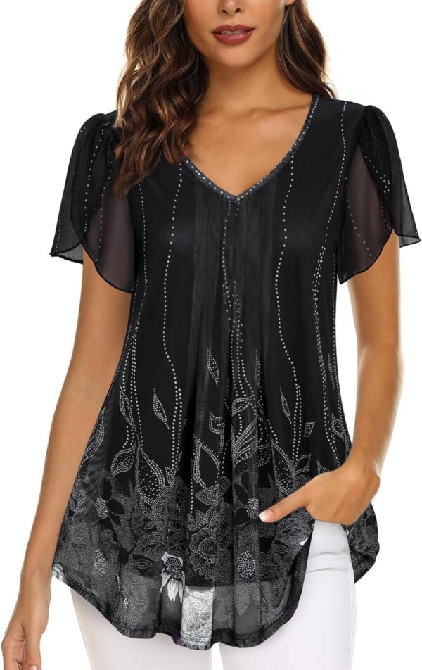 VALOLIA Womens Tops Short Sleeve Shirts Casual V Neck Blouse Double Layers Mesh Tunics Tops