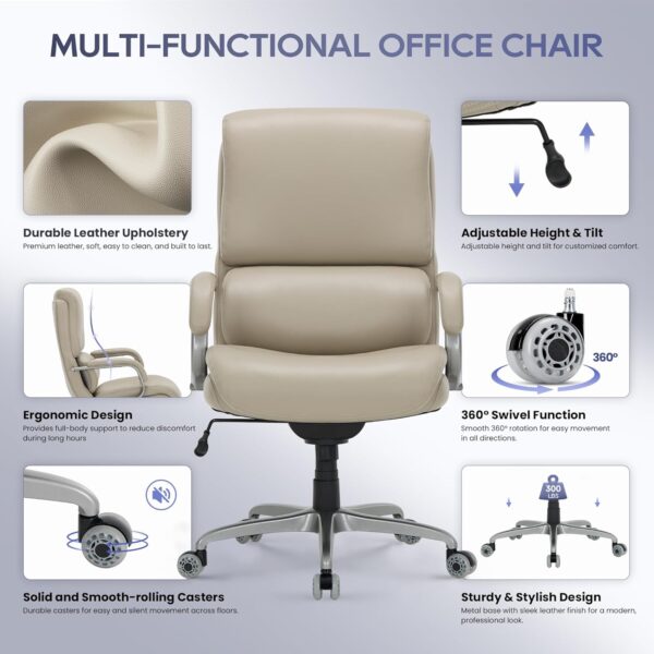 Executive Leather Office Chair – Ergonomic High-Back Desk Chair with Lumbar Support, Flip-up Arms, Adjustable Height, Silent Wheels, Padded Cushion for Home & Office Use,Beige - Image 4