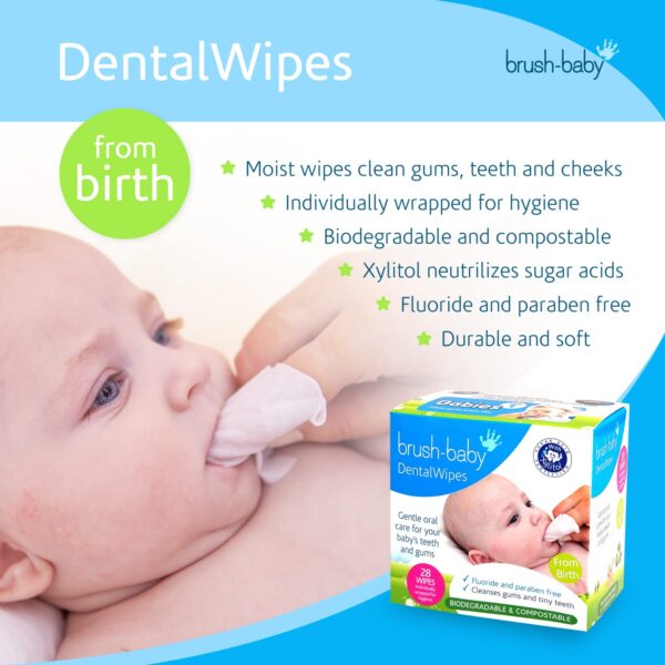 Brush Baby Teething Relief Dental Wipes for Ages 0-Toddler - Naturally Eliminate Teething Pain, Prevent Tooth Decay and Sour Milk Breath - 28 Finger Wipes (2-Pack) - Image 3