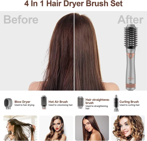 4-in-1 Hair Dryer Brush, Negative Ion Detachable Hair Dryer Styler Hot Air Hair Dryer for Straightening Curling Drying Multifunctional Styling, 1000W, Gray, Rose Gold - Image 6