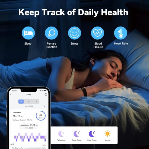 Smart Health Wristband, Health Fitness Tracker Screenless, Wearable Health Multiple Sports Mode, Automatic Monitoring with Pedometer/Sleep/Stress/Calories, IP68 Waterproof Free APP for Women Men Black - Image 3