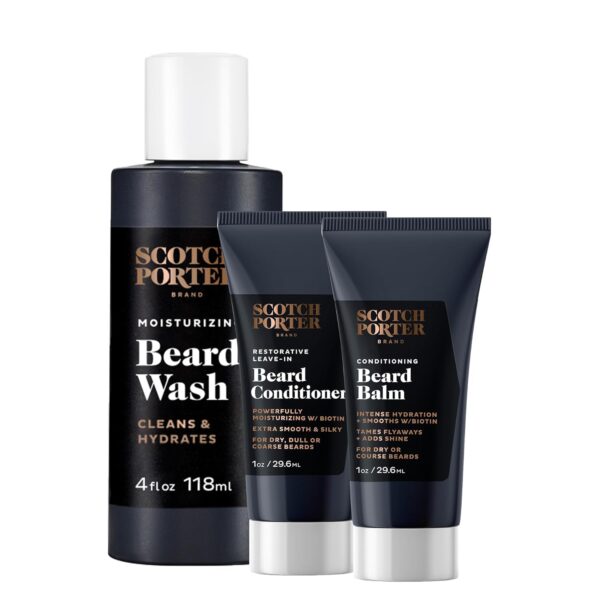 Scotch Porter Beard Blueprint Starter Kit – Wash 4 oz, Conditioner 1 oz & Conditioning Balm 1 oz– Cleanse, Moisturize, Hydrate & Style Coarse, Dry Facial Hair for a Fuller, Healthier-Looking Beard