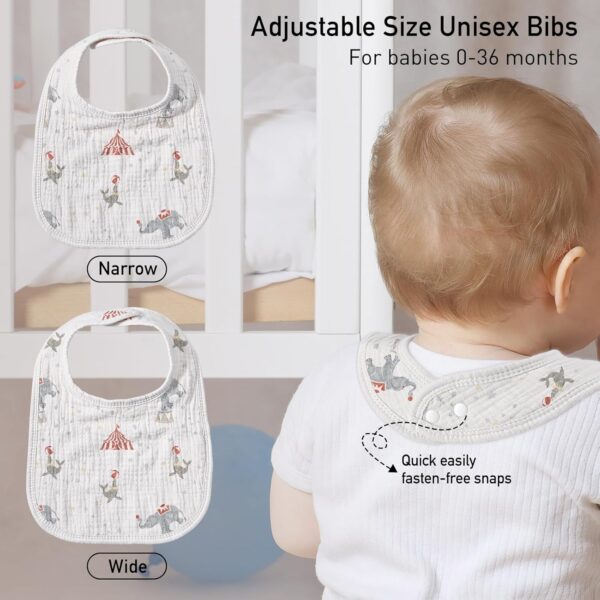 GLLQUEN BABY Muslin Drool Bibs for Boys Girls 8 Pack, Adjustable Baby Bibs for Drooling and Teething, Soft Cotton Baby Bandana Bibs for Newborn Feeding Essentials(Circus) - Image 5