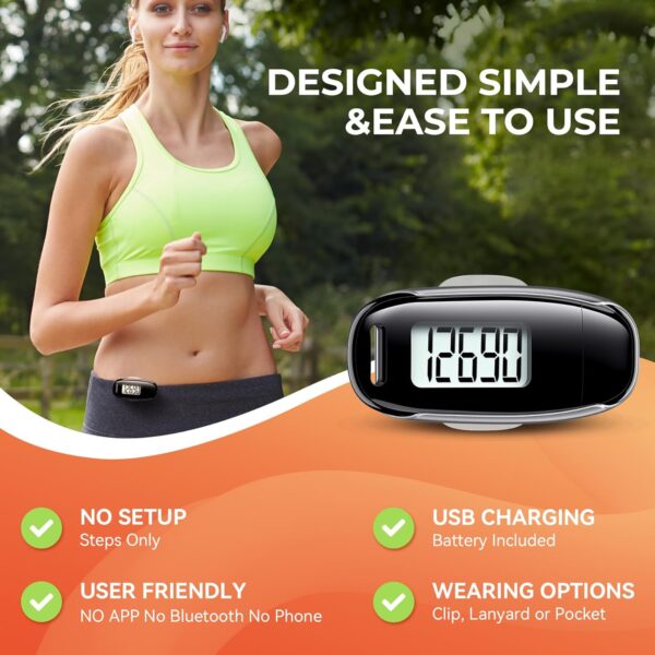 3D Pedometer for Walking, Simple Walking Step Counter with Removable Clip and Strap, USB Rechargeable Step Tracker with Backlight, Accurate Step Counter for Men Women Kids Seniors - Image 3