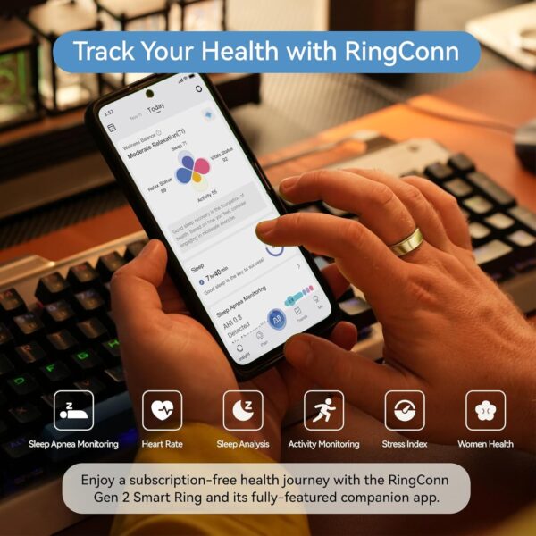 RingConn Gen 2, World’s First Smart Ring with Sleep Apnea Monitoring, No APP Subscription, 12-Day Battery Life, Stress/Heart Rate/Women's Health Tracker, Android & iOS Compatible (Gold, Size 10) - Image 4