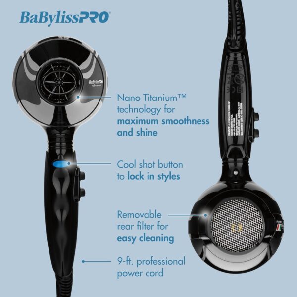 BaBylissPRO Nano Titanium Italian Portofino Hair Dryer - Professional 2000 Watt Blow Dryer - Image 2