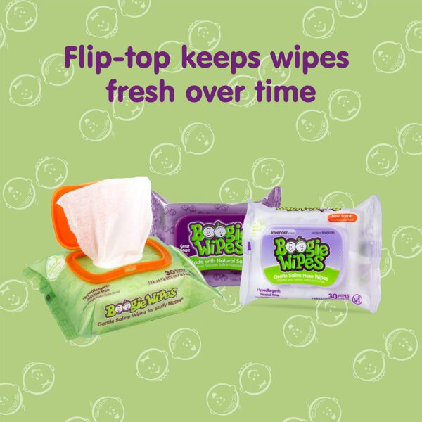 Saline Nose Wipes by Boogie, for Baby & Kids, Face, Hand & Body, FSA/HSA Eligible, Made with Vitamin E, Aloe, and Natural Saline, Lavender Scent, 45 Count (Pack of 1) - Image 6