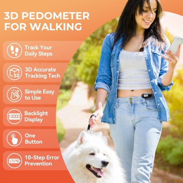 3D Pedometer for Walking, Simple Walking Step Counter with Removable Clip and Strap, USB Rechargeable Step Tracker with Backlight, Accurate Step Counter for Men Women Kids Seniors - Image 2