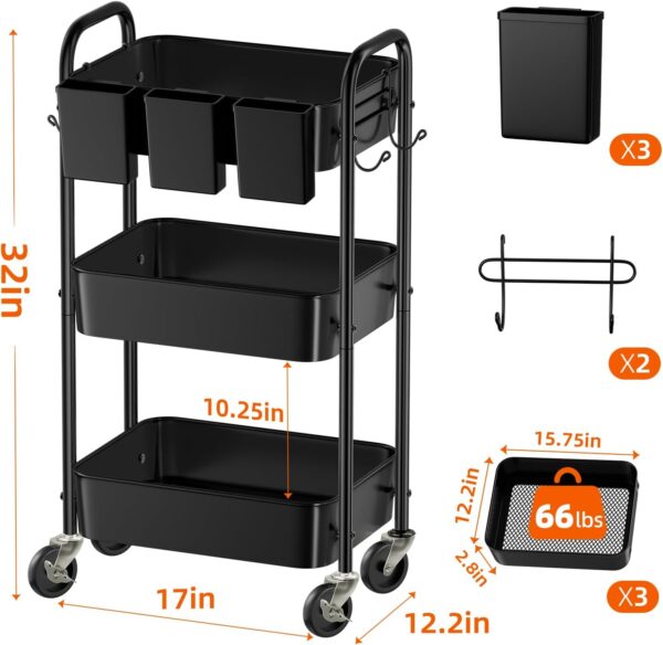 Simple Trending 3 Tier Metal Cart on Wheels, Heavy Duty Rolling Storage Cart with 3 Box and Hooks for Kitchen to Organize Books Snacks Tools, Black - Image 7