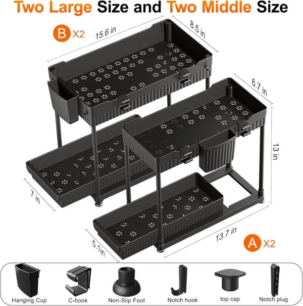 4-Pack Under Sink Organizer, 2-Tier Multi-Use Pull Out Kitchen Bathroom Organizers and Storage with Sliding Drawer, Cabinet Organizer with 2 Hanging Cups and Multi-type Hooks (Black) - Image 3