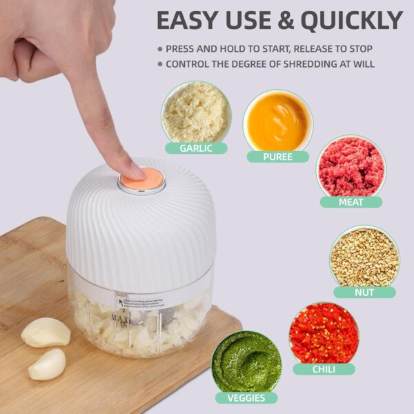 Electric Garlic Chopper, Mini Portable Veggie Chopper, 250ML Garlic Grinder Masher Onion Chopper, Blender to Vegetable, Wireless Food Processor for Ginger, Chili, Fruit, Meat, etc - Image 2