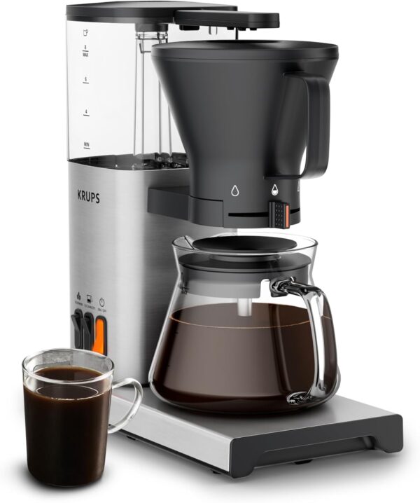 KRUPS Essential Brewer 8 Cup Drip Coffee Maker Machine SCA-Certified, Blooming Technology, Barista-Quality Precise Brewing, Stainless Steel Design and Aroma Tube, Easy to Clean Dishwasher Safe, Silver