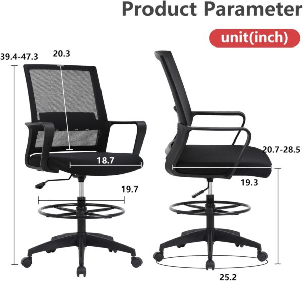 Drafting Chair Tall Office Chair Adjustable Swivel Rolling Mesh Height with Lumbar Support Arms Footrest Mid Back for Adults Standing Desk Drafting Stool(Black) - Image 3