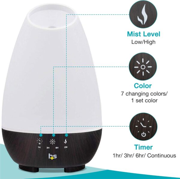 HealthSmart 500ML Essential Oil Diffuser for Large Rooms, Cool Mist Humidifier and Aromatherapy Diffuser, Adjustable Timer, Mist Mode and 7 LED Light Colors, White (Pack of 1) - Image 6