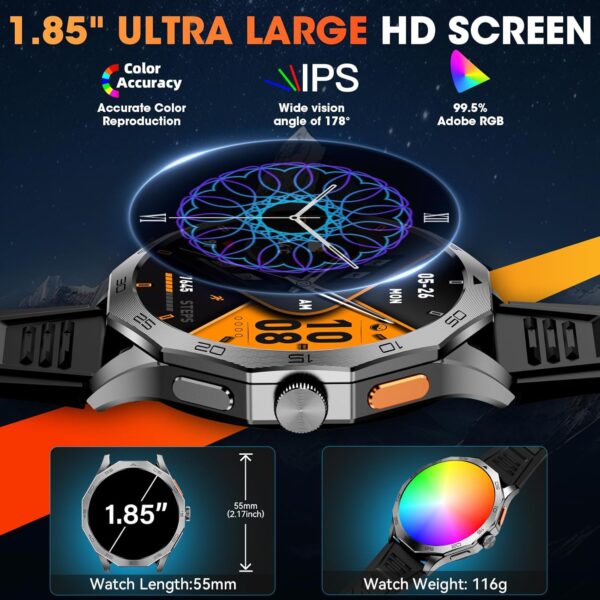 Military Smart Watch for Men 1.85" HD Ultra Screen Touch Screen 710mAh Battery Smart Watches for Android iOS （Bluetooth Call Answer/Dial Calls） Fitness Tracker with 100+ Sports - Image 2