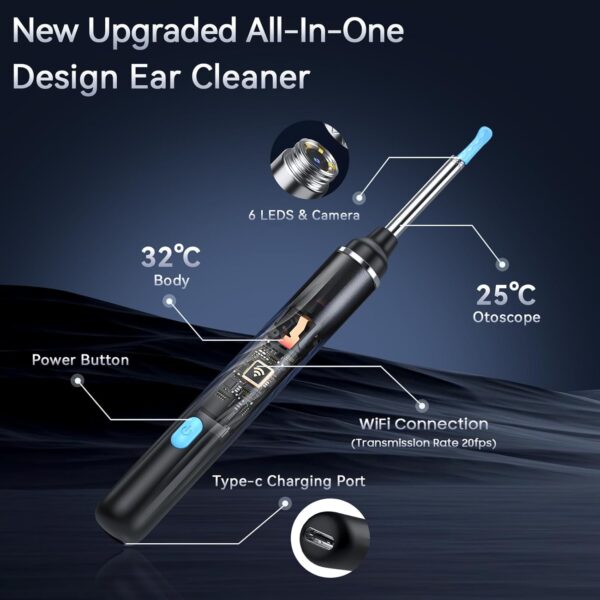 Ear Wax Removal Tool Camera, Ear Cleaner with Camera, 1080P HD Ear Camera and 6 LED Light, Ear Wax Removal Kit with 6 Ear Pick, 6 Pcs Ear Set, Ear Camera Wax Removal for iOS & Android, Black - Image 3