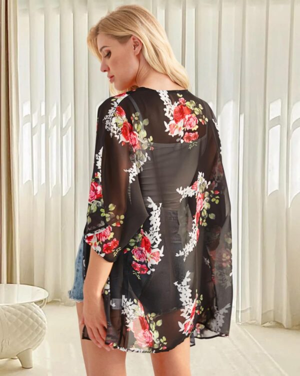 Women's Floral Print Puff Sleeve Kimono Cardigan Loose Cover Up Casual Blouse Tops - Image 4