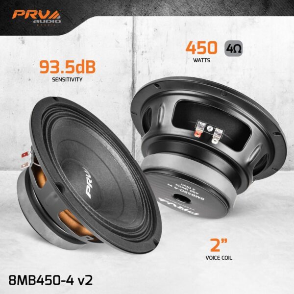 PRV AUDIO 8MB450-4 v2 8" Mid Bass 4 ohms Pro Audio Speaker 93.5dB 450 Watts 2" VC (Single) - Image 2
