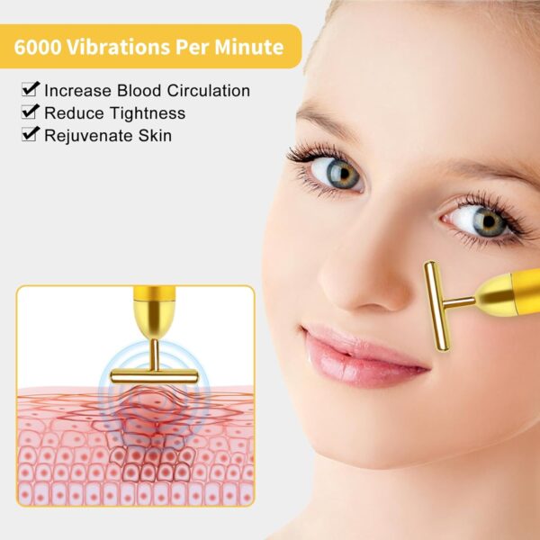 Aubric Face Massager Electric Beauty Bar 24k Golden Facial Massage Tool, T-Shape Electric Vibrating Wand Face Neck Skin Firming Lifting Tighting Wrinkles Reducing Body Treatment Anti Aging Device - Image 6