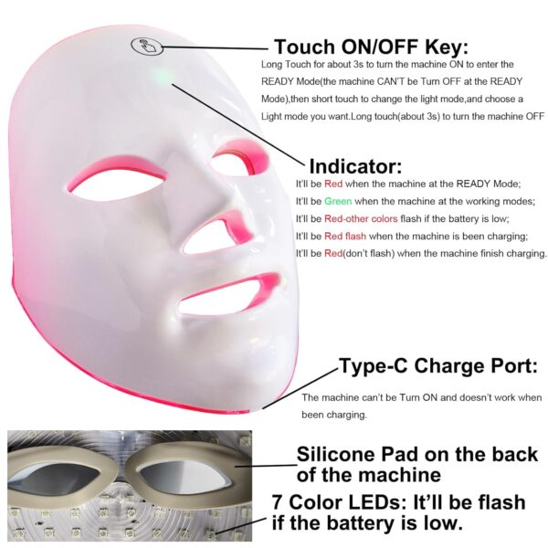 Red Light Therapy Mask for Face, Blue Red LED Light Therapy Device, 7+1 Colors LED Facial Skin Care Mask At Home, USB Rechargeable,Portable - Image 3