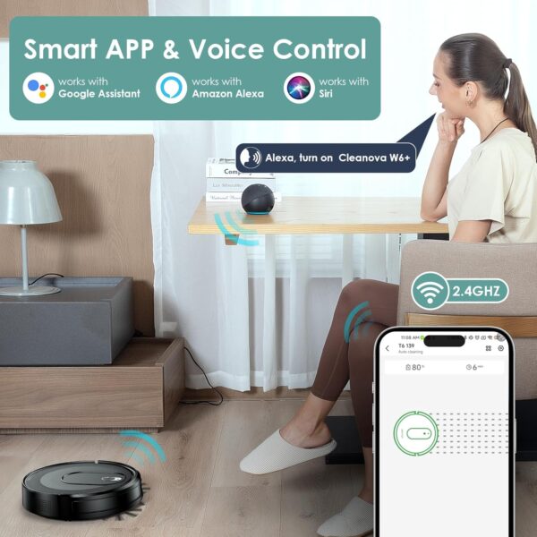 W6+ Robot Vacuum Cleaner,2800Pa Suction,720ml Large Capacity,120 Mins Runtime,Self-Charging Slim Robotic Vacuums,APP/Voice/Remote Control,No Entanglement Suction Port Ideal for Pet (Black) - Image 6