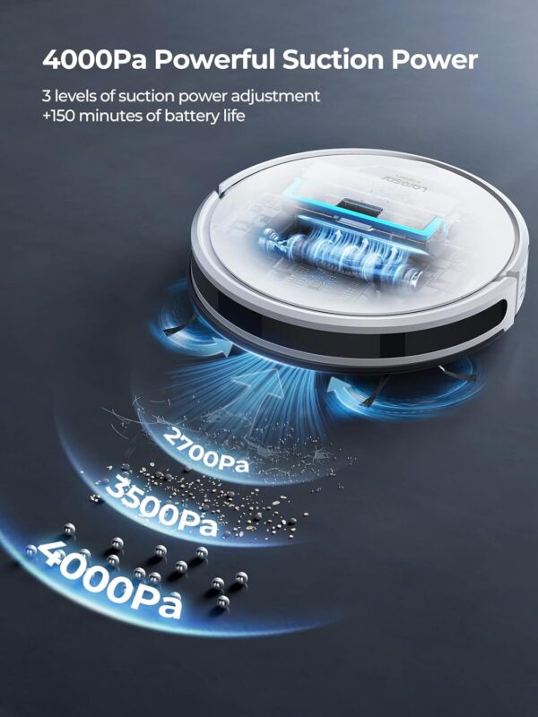 Robot Vacuum and Mop Combo 4000Pa Suction, 3 in1 Robot Vacuum Cleaner with Self-Charging, App&Remote&Voice Control, Robot Vacuum for Pet Hair,Carpet,Hard Floor(White) - Image 5