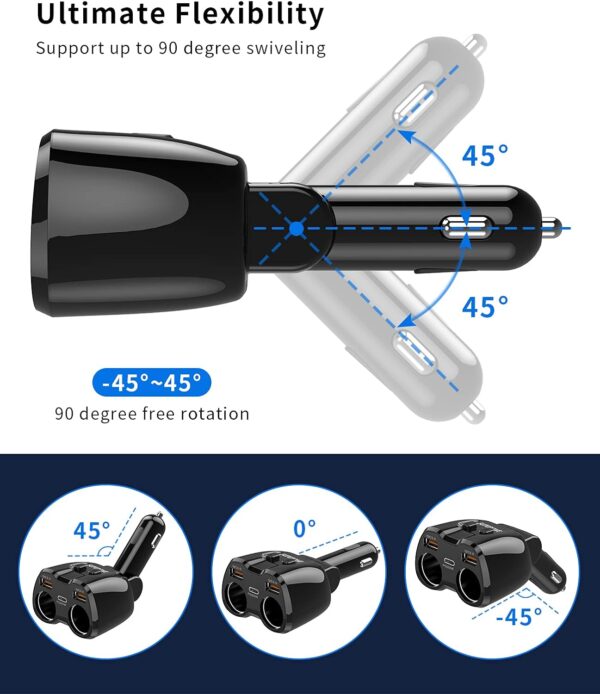 [2025 Upgraded] Cigarette Lighter Splitter, SUPERONE 180W 2-Socket Cigarette Lighter Adapter with Dual QC3.0 and 20W PD USB C Car Charger Splitter for GPS/Dash Cam/Laptop/iPad/iPhone 16/15/14/13/12/11 - Image 5