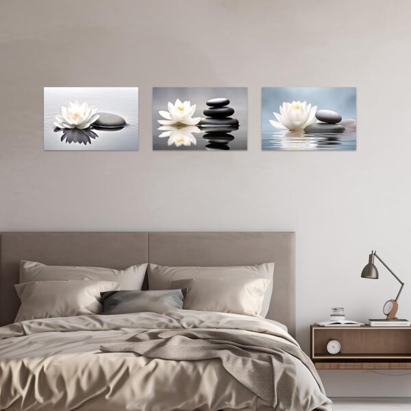 CCWACPP Zen Canvas Wall Art 3 Piece White Lotus and Black Zen Stones Picture Prints for Yoga Spa Meditation Spiritual Room Bathroom Decor Frame (20x28inchx3P) - Image 3