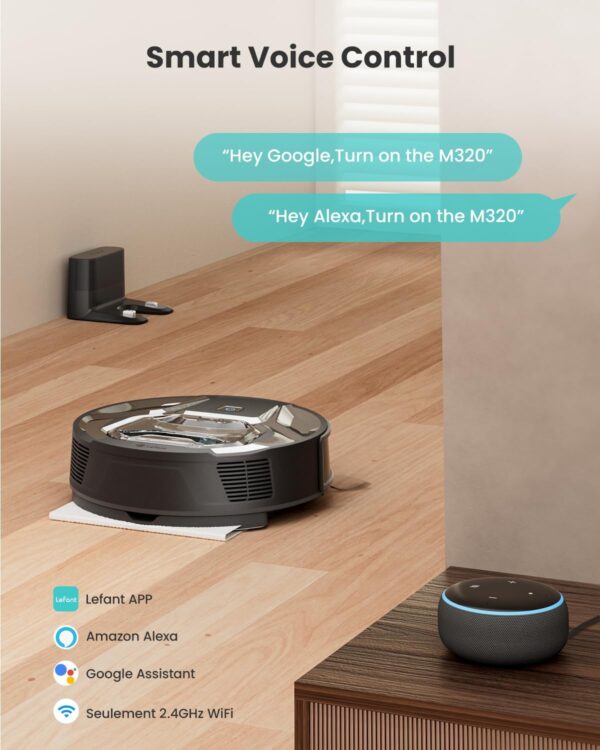 Lefant M320 Robot Vacuum Cleaner, Carpet Detection, 6,000 Pa Suction, Low Noise, 800ml Visible Dustbin, 210 Mins Runtime, Self-Charging, Works with Alexa, Ideal for Hard Floor, Pet Hair, Black - Image 7