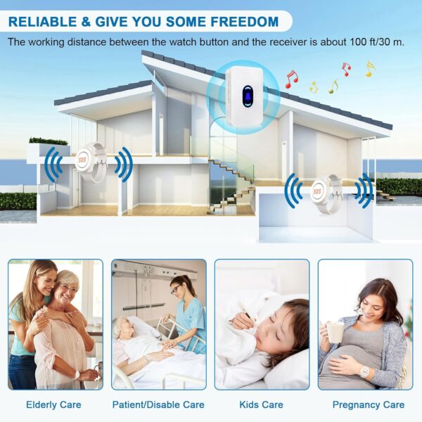 Daytech Wireless Caregiver Pager Call Button Elderly Nurse Alert System for Elderly Monitoring/Seniors with 2 SOS Call Panic Buttons & 2 Watch Pagers, 500+Feet 3 Receivers - Image 7