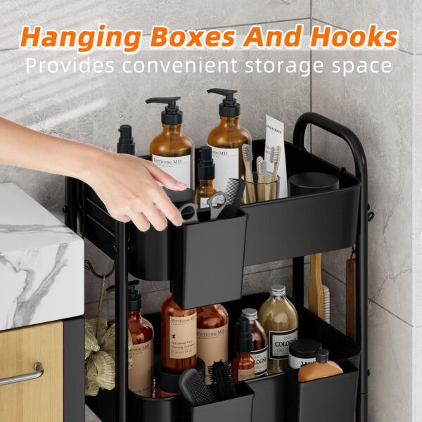 Simple Trending 3 Tier Metal Cart on Wheels, Heavy Duty Rolling Storage Cart with 3 Box and Hooks for Kitchen to Organize Books Snacks Tools, Black - Image 2