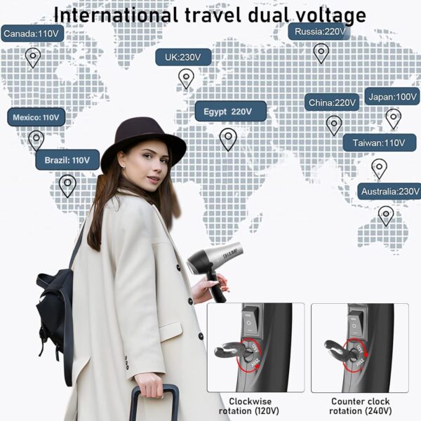 Travel Hair Dryer Blow Dryer with Diffuser, Portable Small Dual Voltage Compact Hairdryer, EU Plug, 1875W Powerful Fast Dry, Folding Handle, Diffuser Hair Dryer Silvery - Image 2