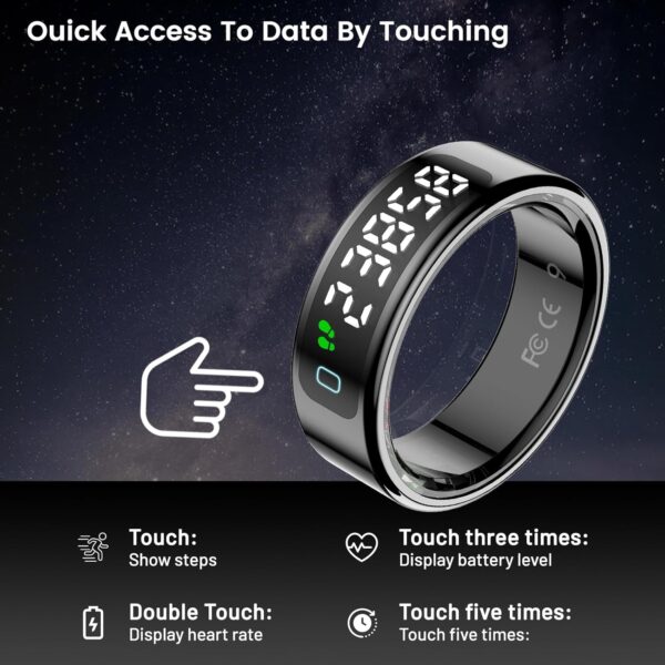 Smart Ring with LED Display Screen,Sleep&Fitness Tracking Wearable for Women/Men,Accurate Monitoring of Pedometer, Heart Rate,Blood Oxygen,No Subscription Required with Wireless Charging (Silver, 11) - Image 2