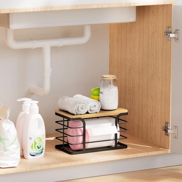 Trash Bag Holder with Bamboo Top,Stackable Storage for Kitchen Laundry Organizers,Wall Mount Garbage Bag Dispenser under Sink,Small - Image 3