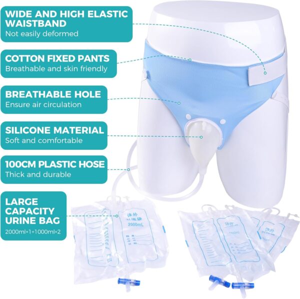 Wearable Urinary Drainage Bag for Men(2000 ML*1+1000 ML*2) ，Reusable Urine Collection Bag，Urinary Drainage Bag System，Elderly Urinalfor Bedridden Patients（Blue) - Image 2