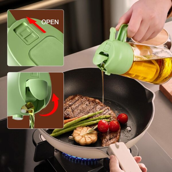 YARRAMATE Olive Oil Dispenser, 2 in 1 Oil Sprayer for Cooking, 16oz/470ml Glass Oil Spray Bottle with Pourer, Food-grade Oil Dispenser and Oil Sprayer for Kitchen, Salad, Frying, BBQ (Black & Green) - Image 7