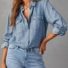 Astylish Women Button Down Denim Shirts Casual Long Sleeve V Neck Chambray Blouse Top - Image 2