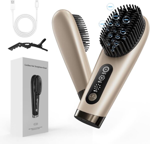 Portable Hot Brush Hair Straightener, 6400mAh USB Rechargeable Mini Hair Straightening Brush for Traveling, Cordless Hair Comb High Level Negative Ions, Intelligent Thermal Sensor