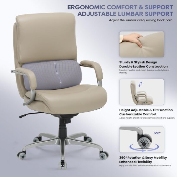 Executive Leather Office Chair – Ergonomic High-Back Desk Chair with Lumbar Support, Flip-up Arms, Adjustable Height, Silent Wheels, Padded Cushion for Home & Office Use,Beige - Image 5