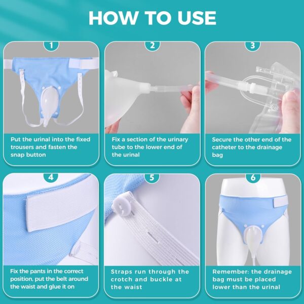 Wearable Urinary Drainage Bag for Men(2000 ML*1+1000 ML*2) ，Reusable Urine Collection Bag，Urinary Drainage Bag System，Elderly Urinalfor Bedridden Patients（Blue) - Image 9